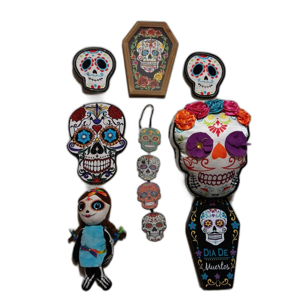 Day of the Dead Decor LOT Bundle Plushie Doll Pillow Wall Table Decor Dog Toys